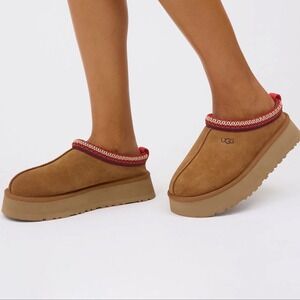 UGG Chestnut Suede Clog Mules with Red Trim NEW